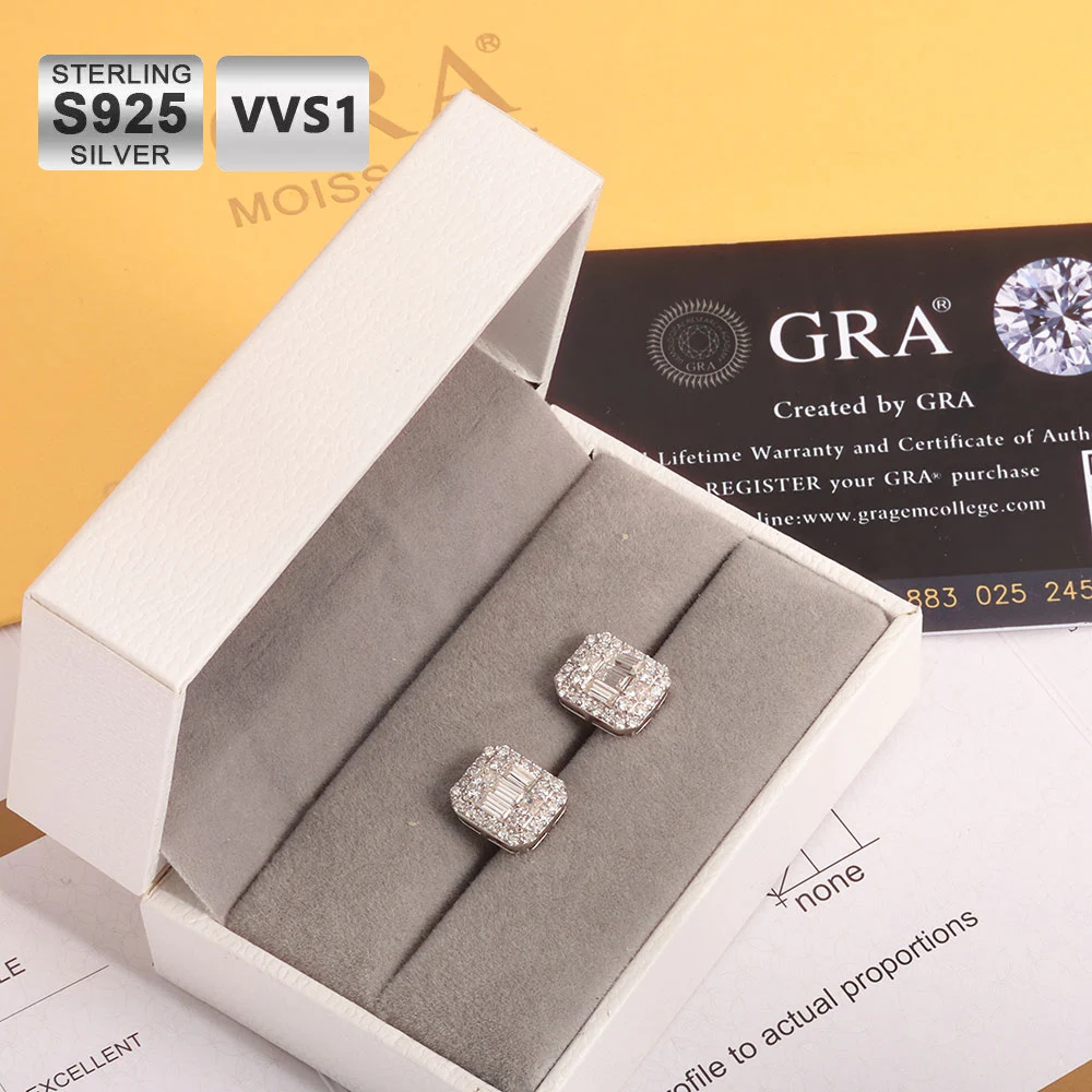 Hip Hop Jewelry VVS Rectangular Diamond Earrings Cut Moissanite S925 Silver Earrings Women's Wedding Gift