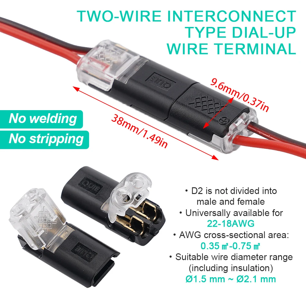 Double-Wire Plug-in Connector with Locking Buckle 2 Pin 2 Way Pluggable LED Wire Connector Cable Terminal Universal Compact Wire