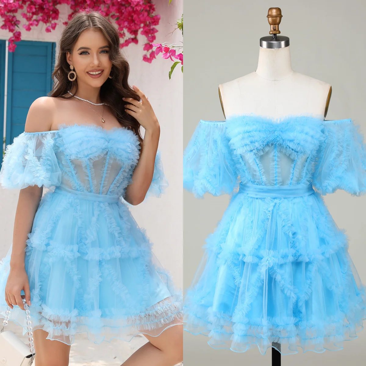 Tulle Sweetheart A-line Mini Prom Dresses Puff Short Sleeves Illusion Bow Belt Pleated Ball Gown Vibrant Girl's Homecoming Dress