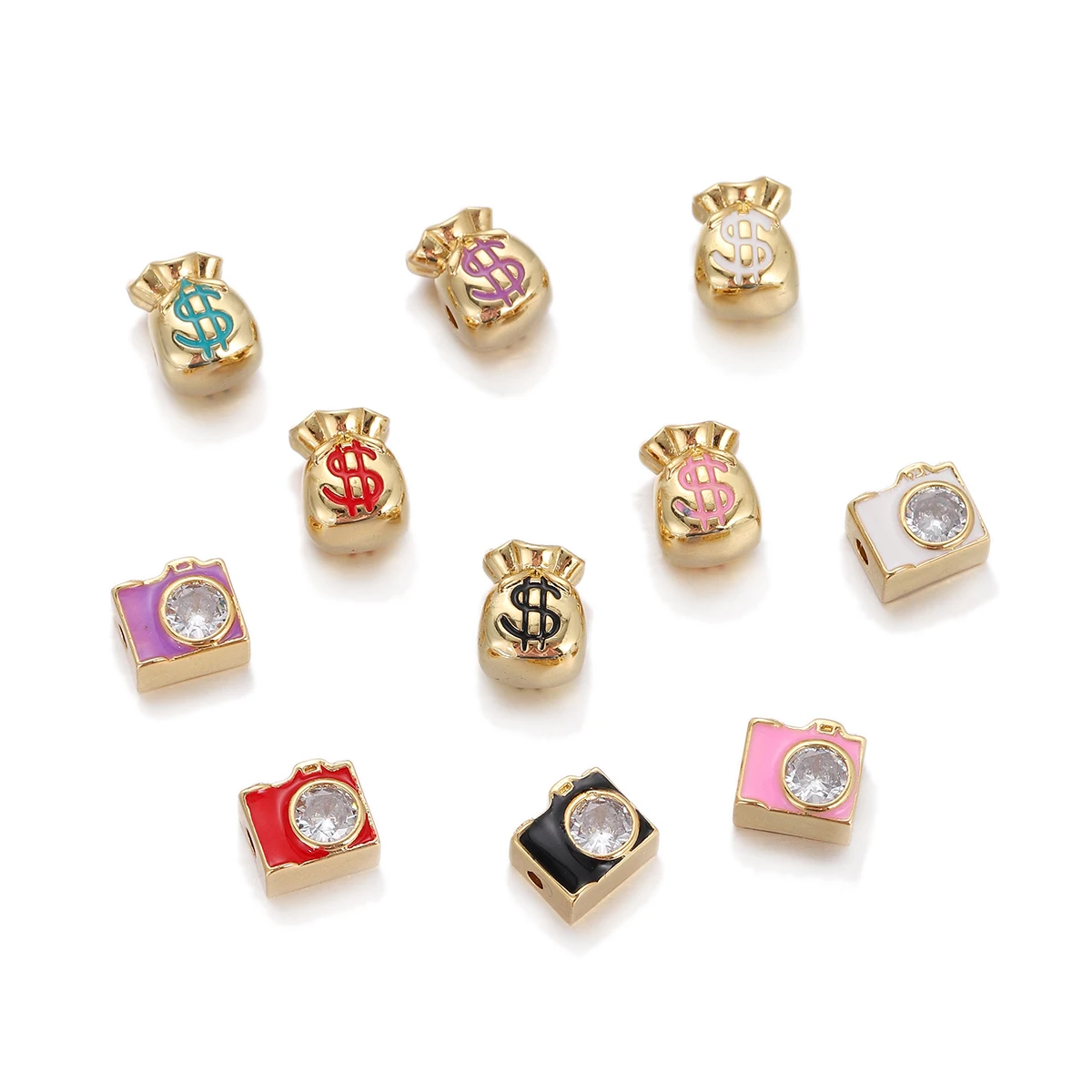 Mini Enamel Camera Zircon Charms for Bracelet Necklace Earring Copper Gold Plated Purse Dollar Jewelry Making Supplies