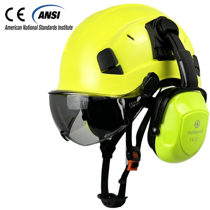 

CE Construction Safety Helmet With Goggles For Engineer Visor With Earmuff Work Cap ABS Hard Hat ANSI Industrial Head Protection