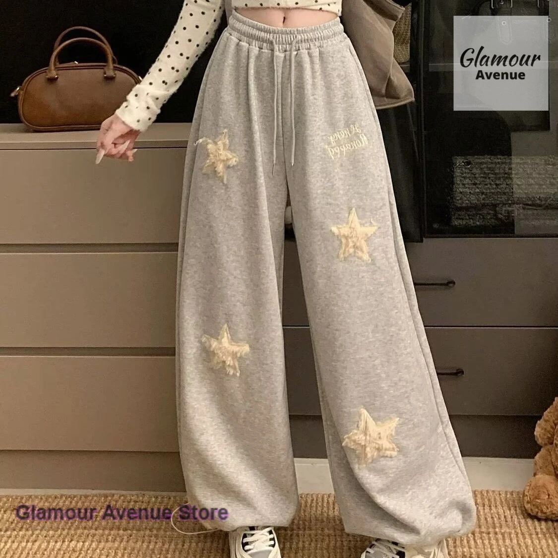 

American retro plush star embroidered sports pants women's spring and autumn loose casual Joker high waist slim wide-leg pants