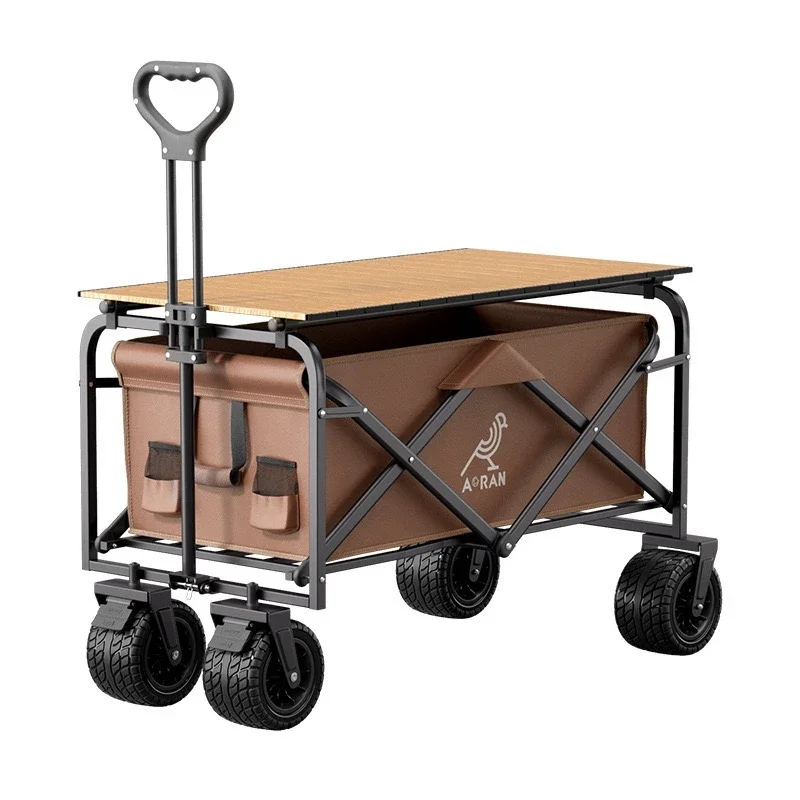 Outdoor Camping Cart Foldable Hand-pushed Outdoor Picnic Cart With Large Table Board Portable Camp Trailer Table Board Camping