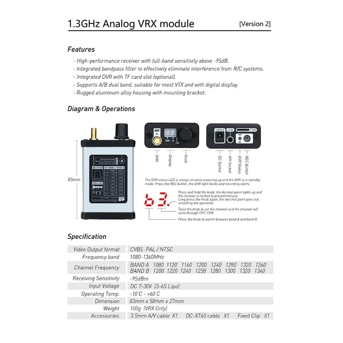 1.2G 1.3G V2 VRX FPV VRX 리시버, DVR 원형 편광 안테나, 장거리 RC 드론 비행기용