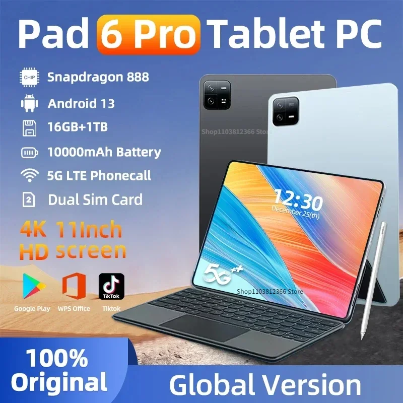 

2024 Original Pad 6 Pro Snapdragon 888 Global Version Tablet PC Android 13 RAM 16GB ROM 1TB 5G HD 4K Screen WIFI SIM Card Mi Tab