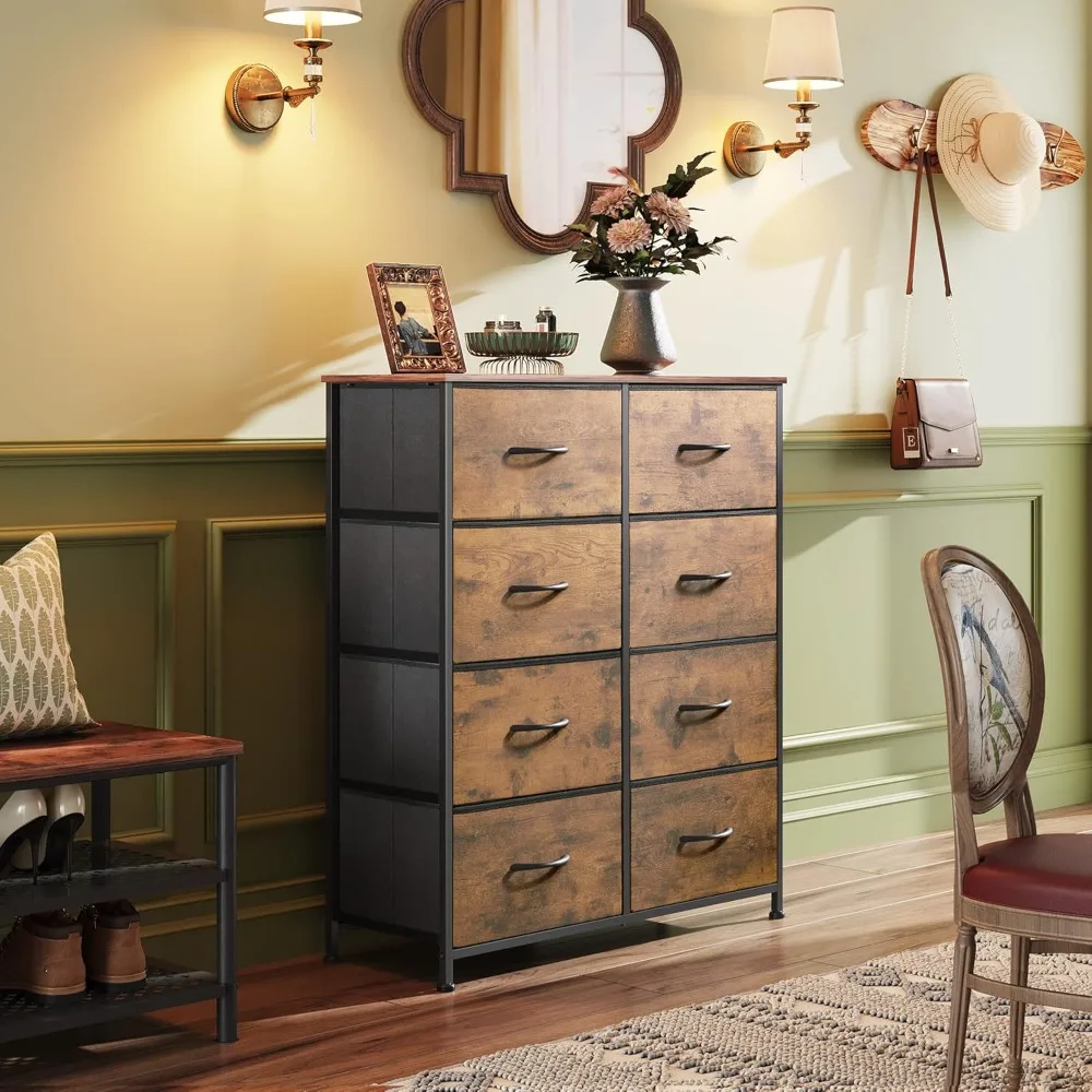 

Tall Fabric Dresser with 8 Drawers, Storage Tower w/Fabric Bins, Double Dresser, Chest of Drawers for Bedroom/Living Room, Brown