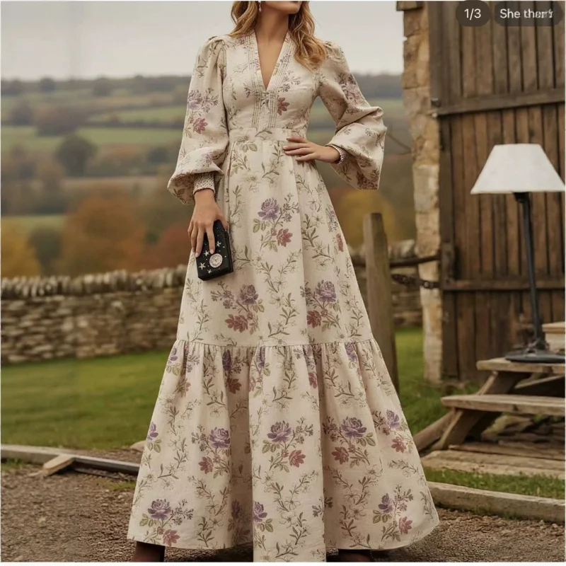 

Spring Summer 2026 Slimming Long Sleeve Printed Evening Dress Elegant Style for Women