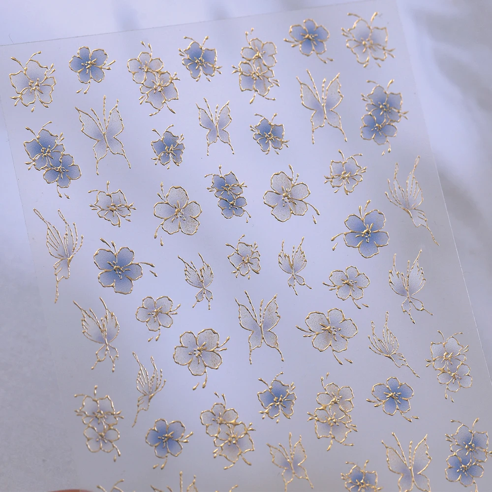 Chic Botanical Flower 5D Nail Art Sticker Nero Bianco Sheer Floral Gold Stamping Petalo in fiore Affascinante adesivo per manicure