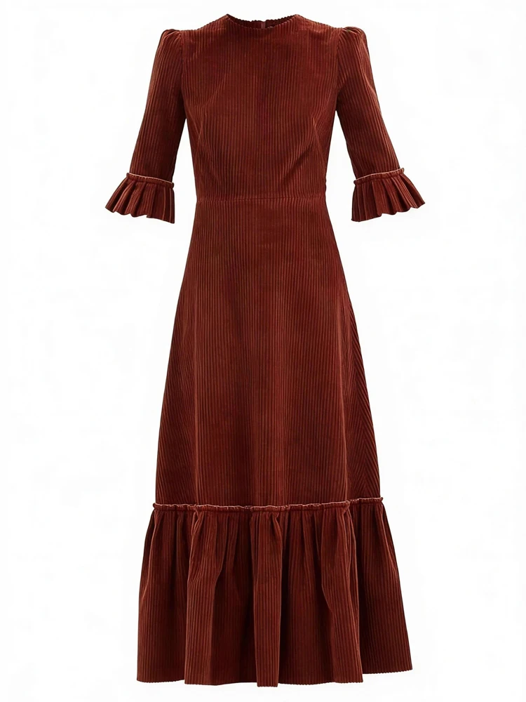 Spring New Women Simple Commute Maxi Dress Vintage Corduroy Solid Color Slim Dress Elegant Half Sleeve High Waist Pleated Dress