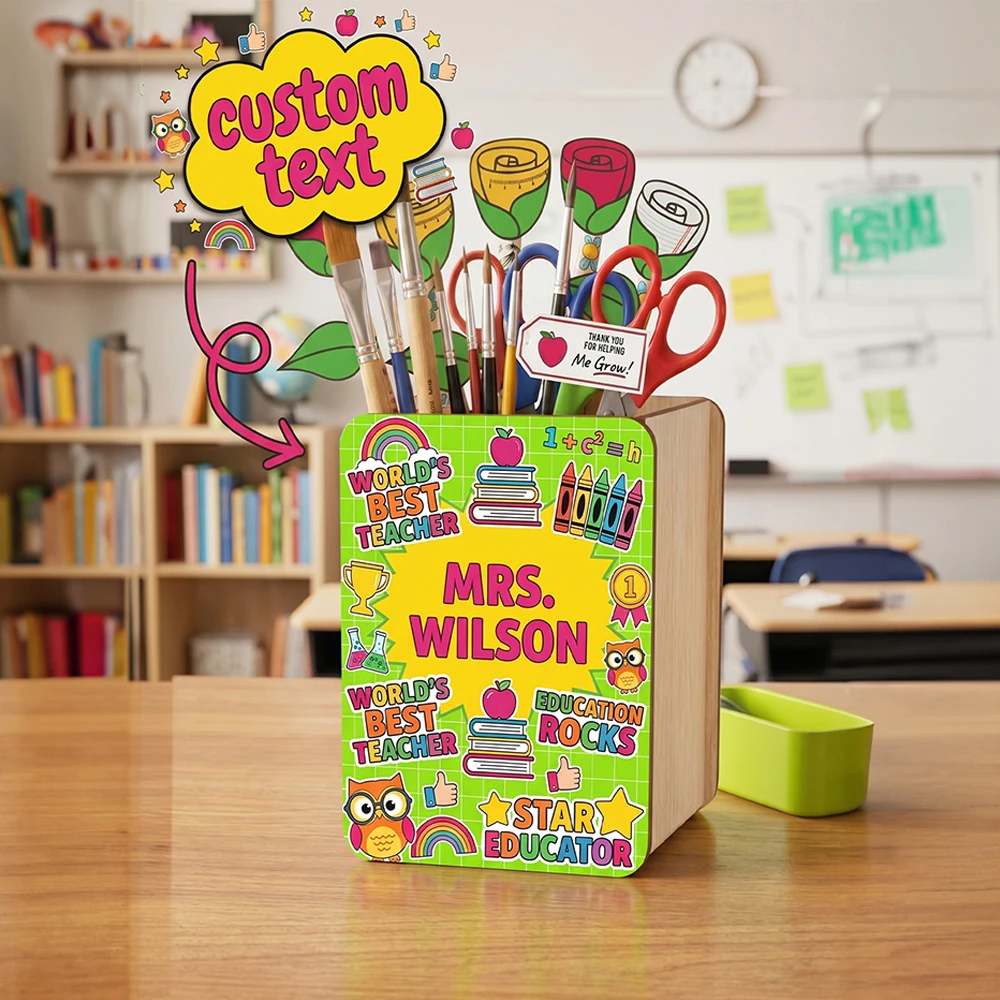 Personalized Custom Name Wooden Pen Organizer,Desk Stationery Storage Caddy,New School Term Gift,Classroom Desktop Decoration