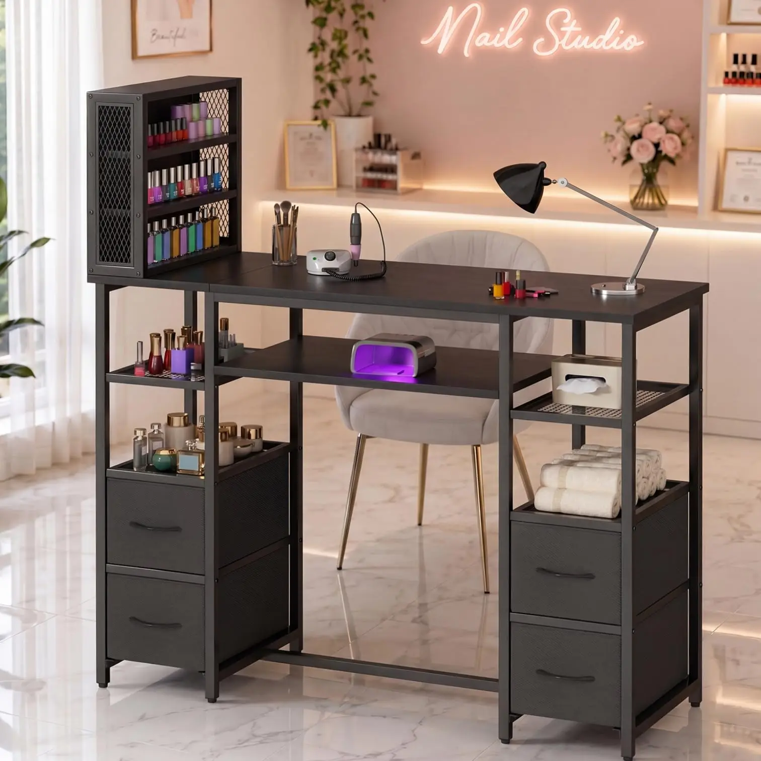 Manicure Table Nail Desk with 3-Tier Polish Rack (Black)