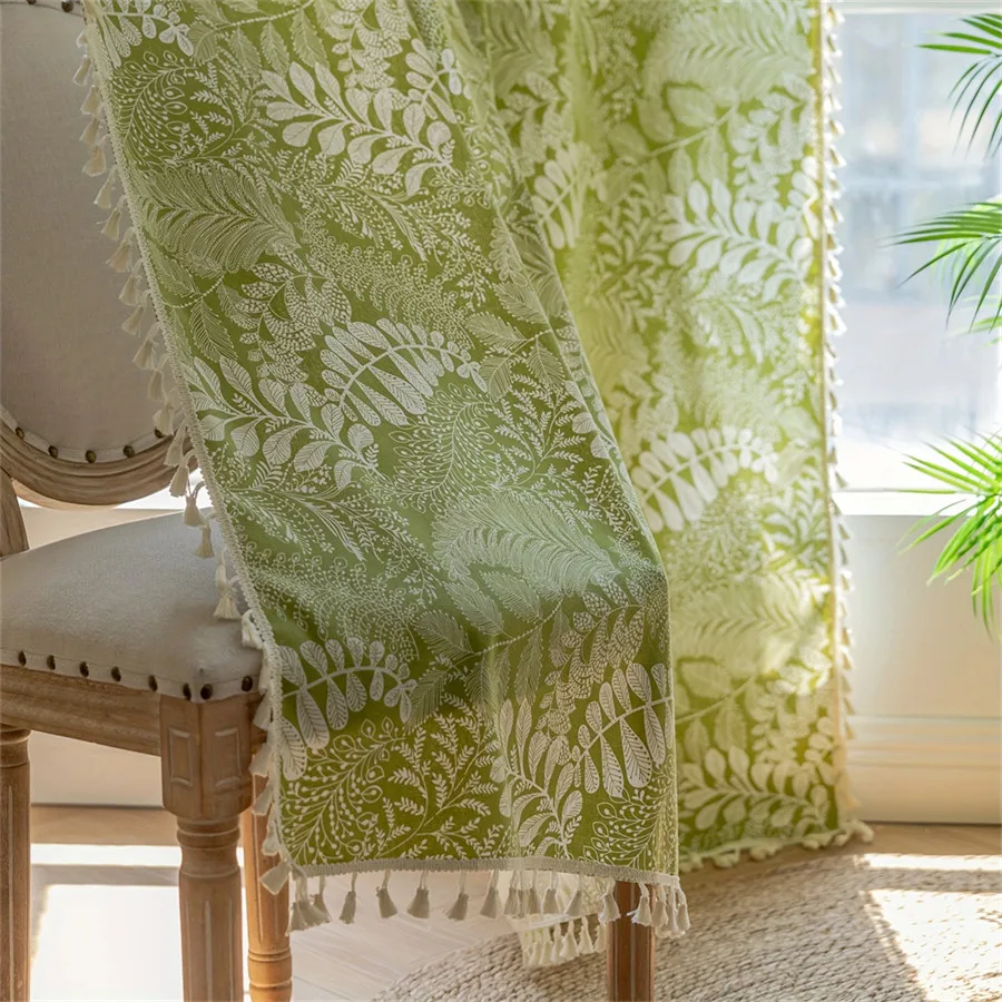 Green Vintage Pastoral Leaf Print Semi Blackout Curtains with Tassel Lace Bohemian Window Decoration for Living Room Drapes