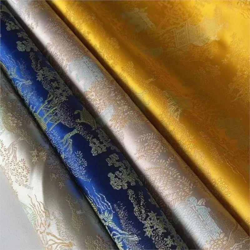

High-precision pavilion ancient fragrance satin landscape flower new cheongsam Han clothing imitation brocade and fabric