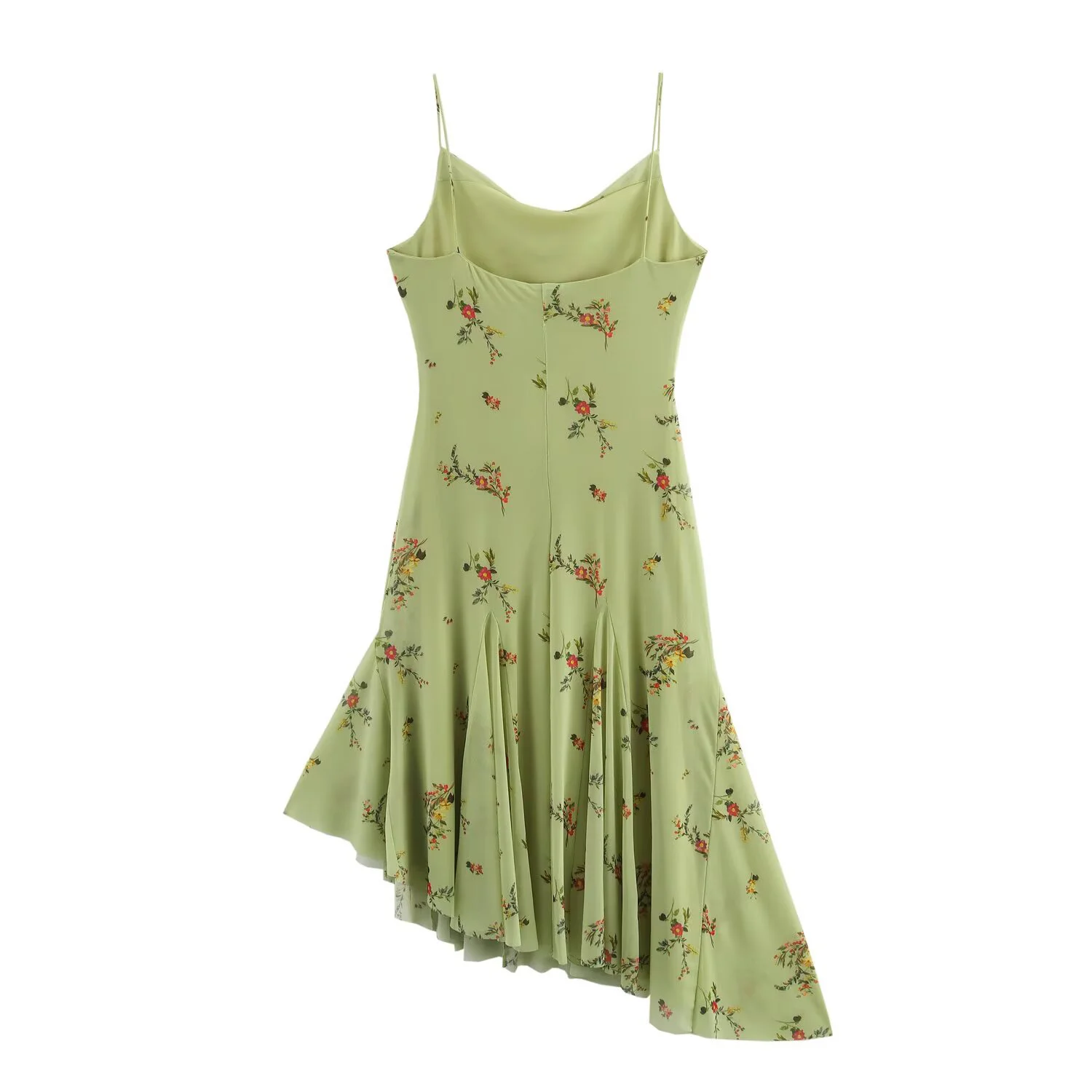 Abito con bretelle in rete a vita stretta floreale con orlo irregolare sul mare in stile francese verde dolce
