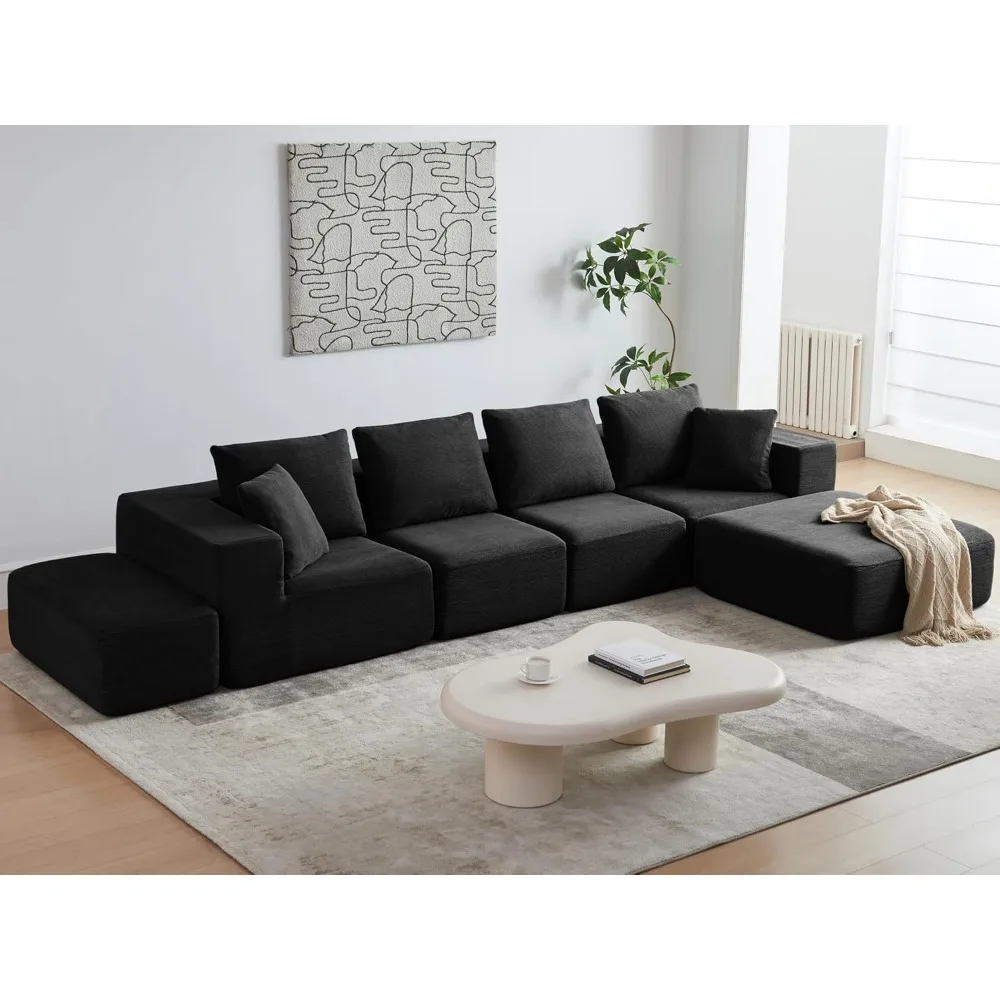 

152'' Modular Sectional Sofa, Oversized Corduroy Cloud Couch, 6 Deep Seat Memory Foam Couch, Black Sofa with 6 Pillows, Boneless