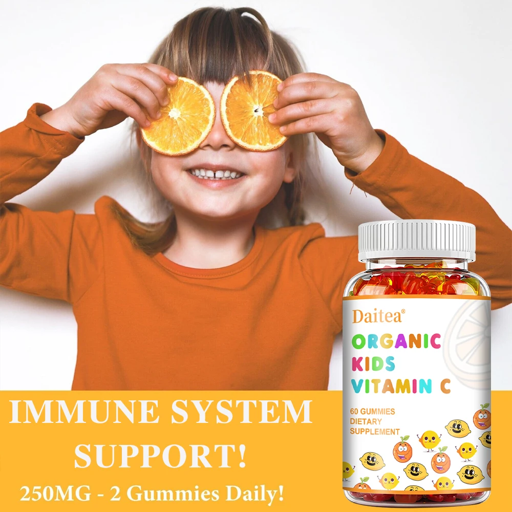 Kids Vitamin C Gummies Organic Immune Support for Children Toddlers Natural Fruit Flavor Vegan Non-GMO - 60 Count