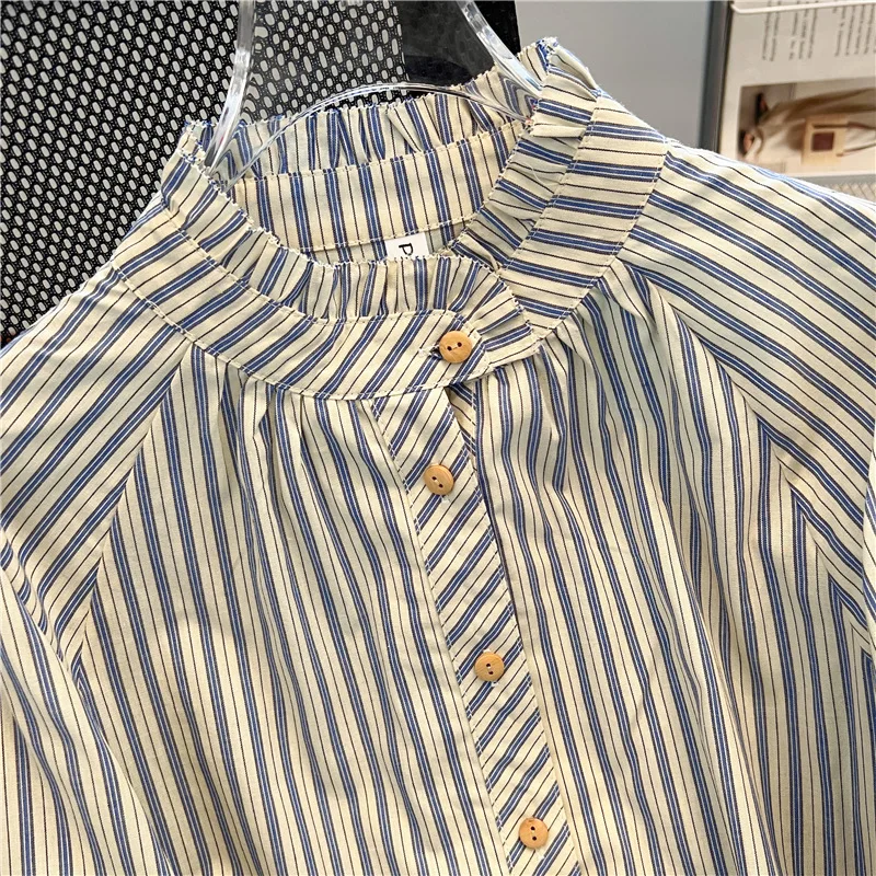 بلوزات نسائية كلاسيكية قمصان مخططة غير رسمية موضة ملابس صيفية فضفاضة كورية بأكمام طويلة قطنية للسيدات