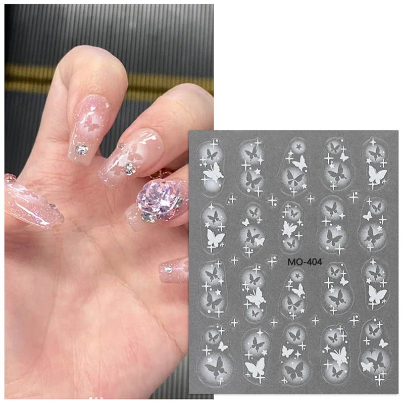 Oco para fora pintado em spray estrela borboleta adesivos de unhas pentagrama branco transparente usando decorações de adesivos de unhas