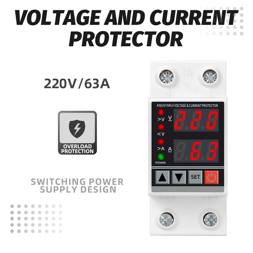 

220V 63A 40A Limit Overvoltage Recovery Protection Device Adjustable Voltage Relay Over and Under Voltage Protector Overcurrent