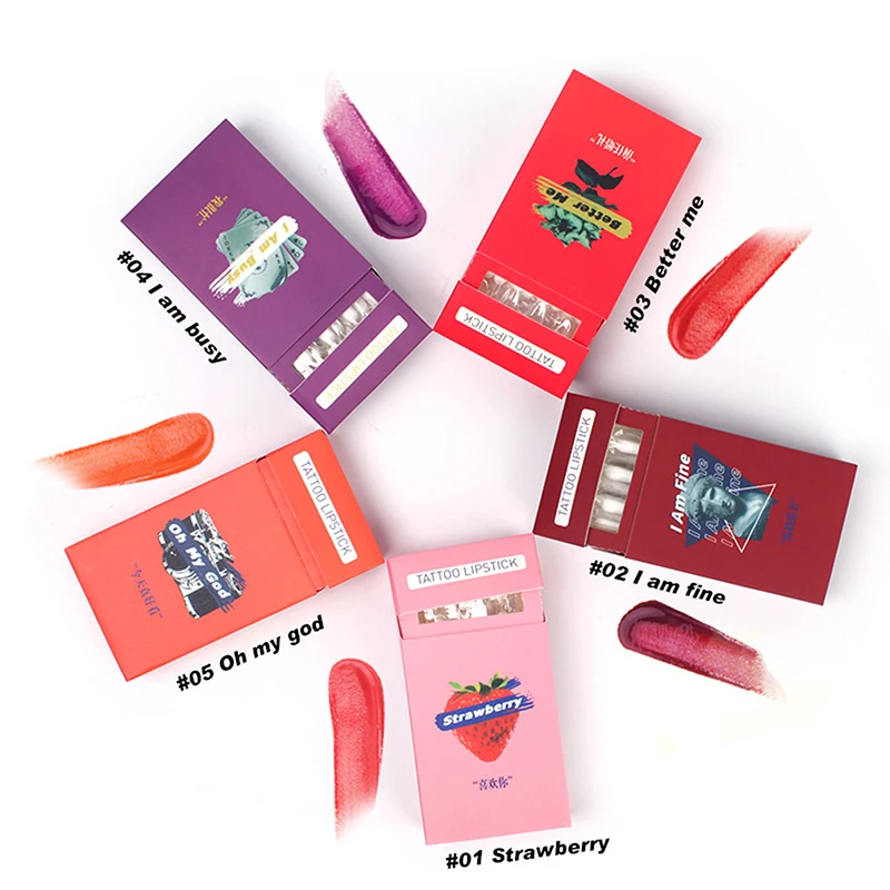 20PCS/box Tattoo Lipstick Cotton Swab Lip Tint Matte Liquid Lipstick Cigarette Case Lipstick Waterproof Matte Lip Gloss