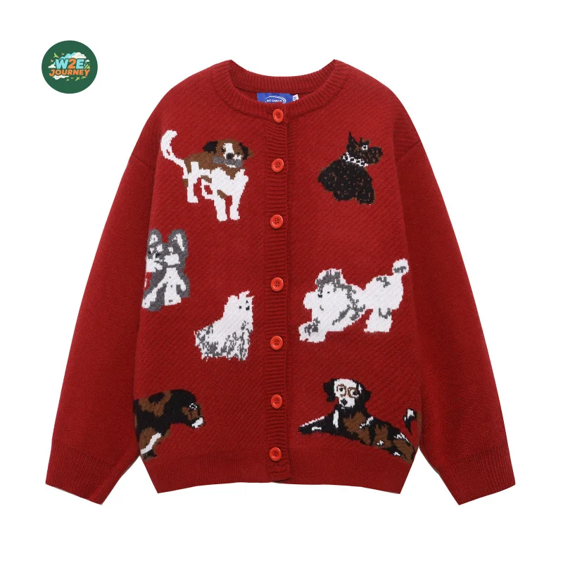 

W2EJOURNEY Высокое качество, размер ЕС, США, роскошная уличная одежда, ретро забавный жаккардовый кардиган с рисунком щенка, унисекс, осенне-зимний универсальный кардиган