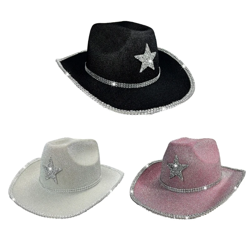 

Glittering Powder Cowboy Hat Wide Brims Star Hat Adult Music Festival Headwear N58F