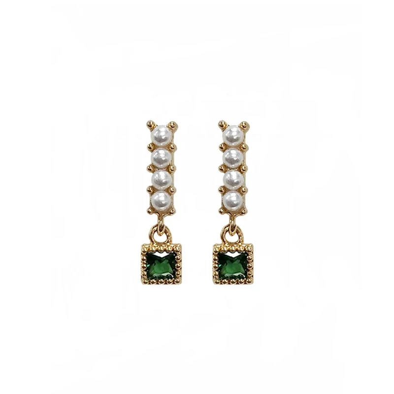 Pearl Chain Square Emerald CZ Drop Stud Earrings Vintage Beaded Edge Green Crystal Tiny Dangle Earrings Women Jewelry