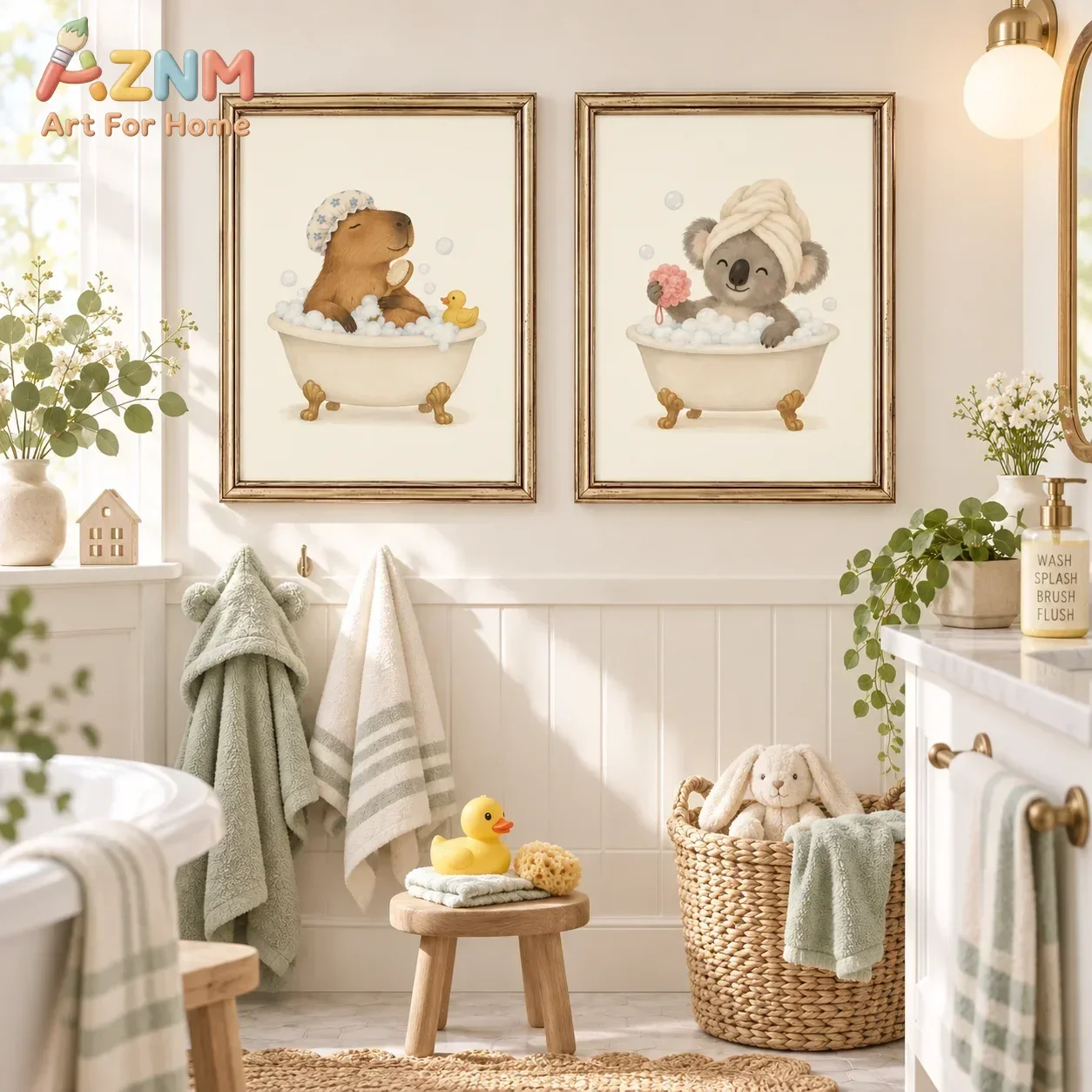 AZNM Cute Animals Bathing Canvas Wall Art Panda Capybara Koala in Bathtub Print Poster Whimsy Cartoon Art for Bathroom Nursery H