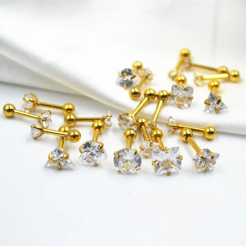 50pcs 16G Round/Heart/Star/Square/Trangle CZ Earring Ear Helix Bar Lobe Cartilage Tragus Diath Stud Gold Sliver Piercing Jewelry