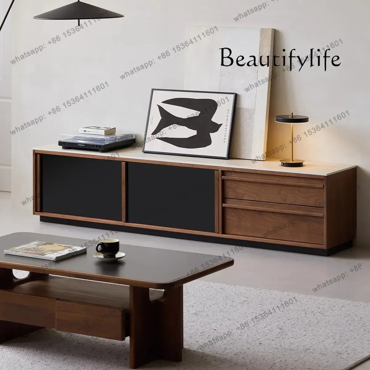 

Medieval solid wood TV cabinet, living room home high-grade North American black walnut floor rock slab locker