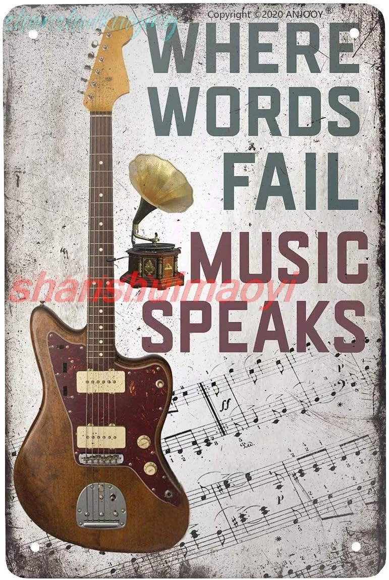 ANJOOY Vintage Metal Guitar Tin Sign - Where Words Fail Music Speaks -Musical Bar Pub Cafe Wall Kitchen Bathroo Poster Kara FGDD