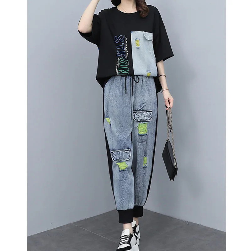 2023 Summer Women\'s Fashion Casual Short Sleeve T Shirts + Jeans  Denim Two piece Set Tracksuits