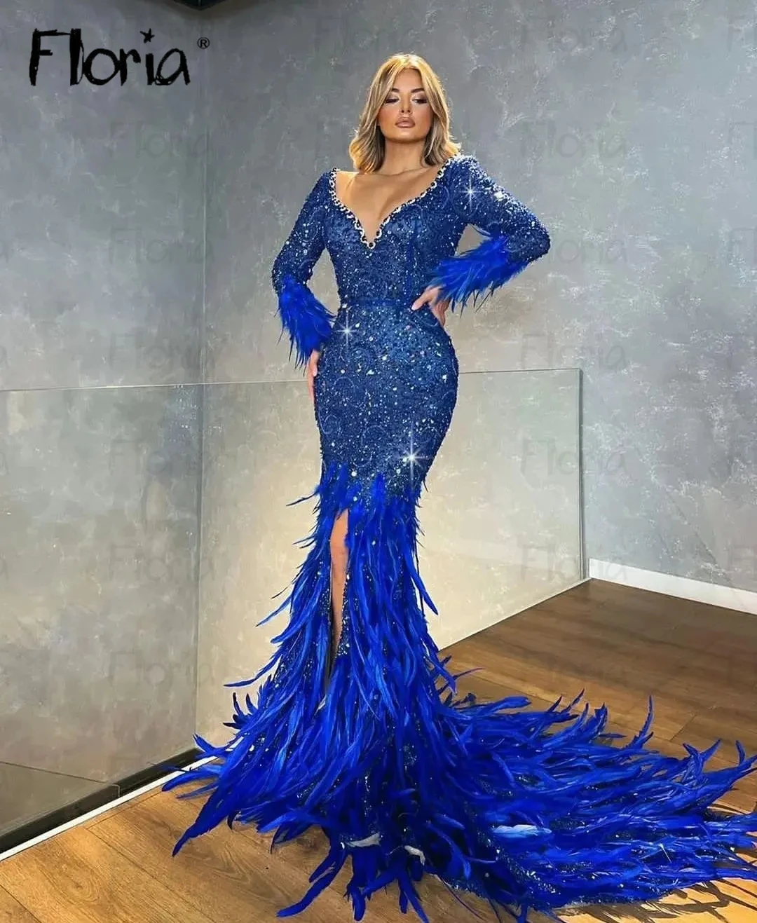 Dark Blue Deep V Neck Long Sleeves Evening Dress Front Slit With Long Feather Tailing Custom Made Dubai Beading Night Party Gown