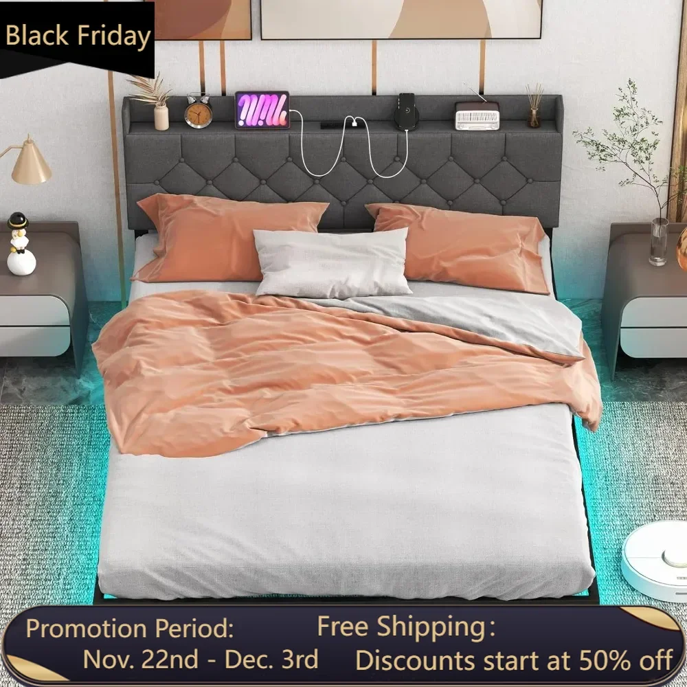 Floating Bed Frame Queen Size with LED Lights, Modern Platform Bed with Adjustable Upholstered Headboard & Charging Station