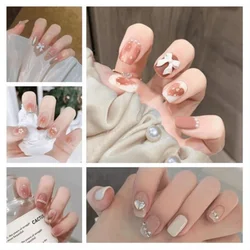 24Pcs/Set Diamond-studded Manicure Patch Wearable Ballerina Nail Removable Short Round Coffin Nail With Glue Fake Nail Finished