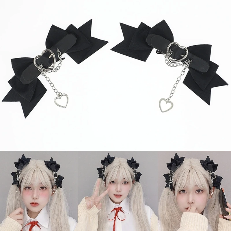 1 Pair Lolita Girls Bowknot Hair Clip Women Leather Heart Bucklt Belt Punk Hairpin Female Maid Cosplay Hair Barrettes Ornament