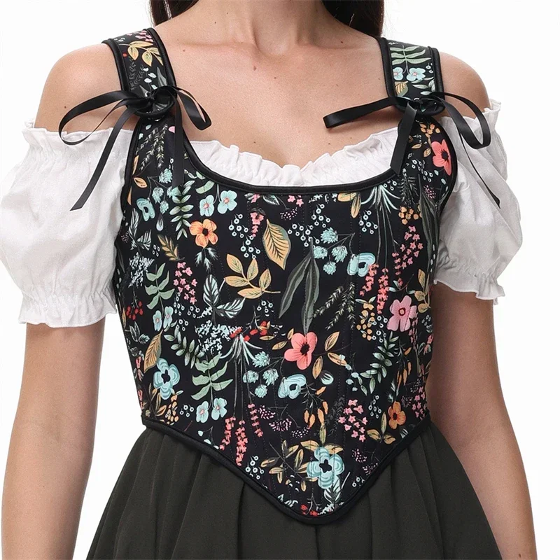 

Black Flower Print Vintage Overbust Corsets Tops For Women Gothic Body Shaper Lingerie Bustier Side Zipper Shoulder Strap Vest