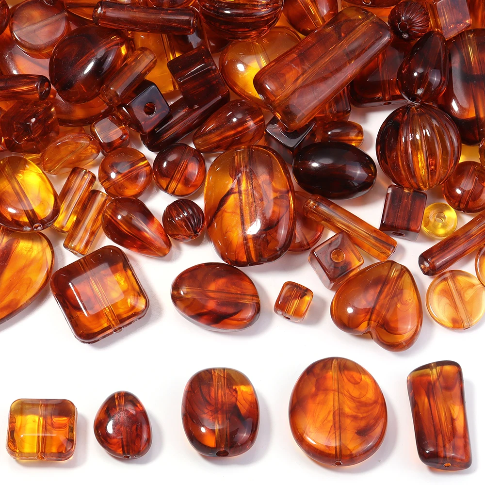 10-100pcs Amber Color Acrylic Beads Oval Square Heart Tube Pumpkin Shape Loose Beads For Jewelry Making DIY Bracelets Necklace