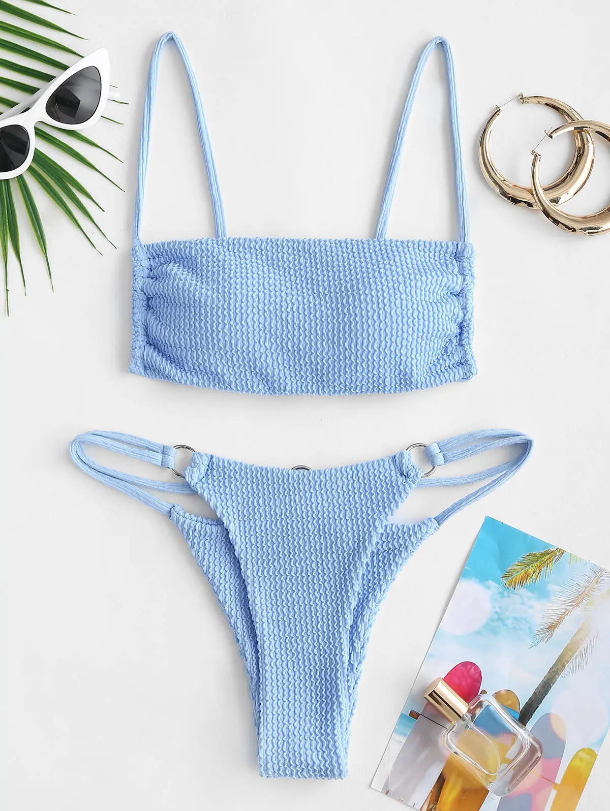 ZAFUL Cheeky Crinkle Textured O-ring Tanga Bikini Swimwear