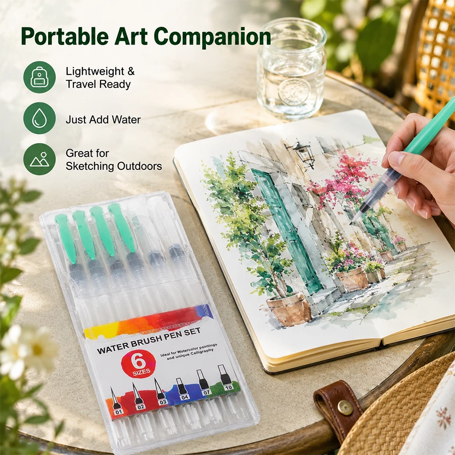 Portable Multi-Sized Refillable Water Pen Set for Outdoor Sketching Watercolor Calligraphy Art Supplies Artist Painting Brushes