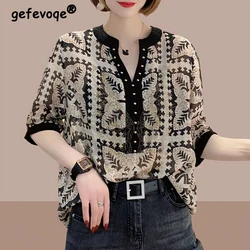 2023 Women Vintage Rhinestone Print Patchwork Blouse Summer Fashion V Neck Short Sleeve Shirt Casual Loose Pullover Tops Blusas