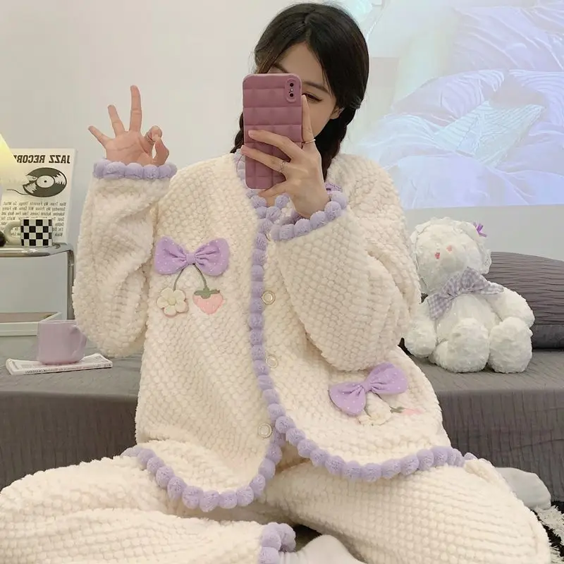 Sleepwear Women\'s Clothing Winter Thick Cardigan Japan Home Soft Cozy Cool Temperament Skinny Affordable Fashionable Warm Sweet