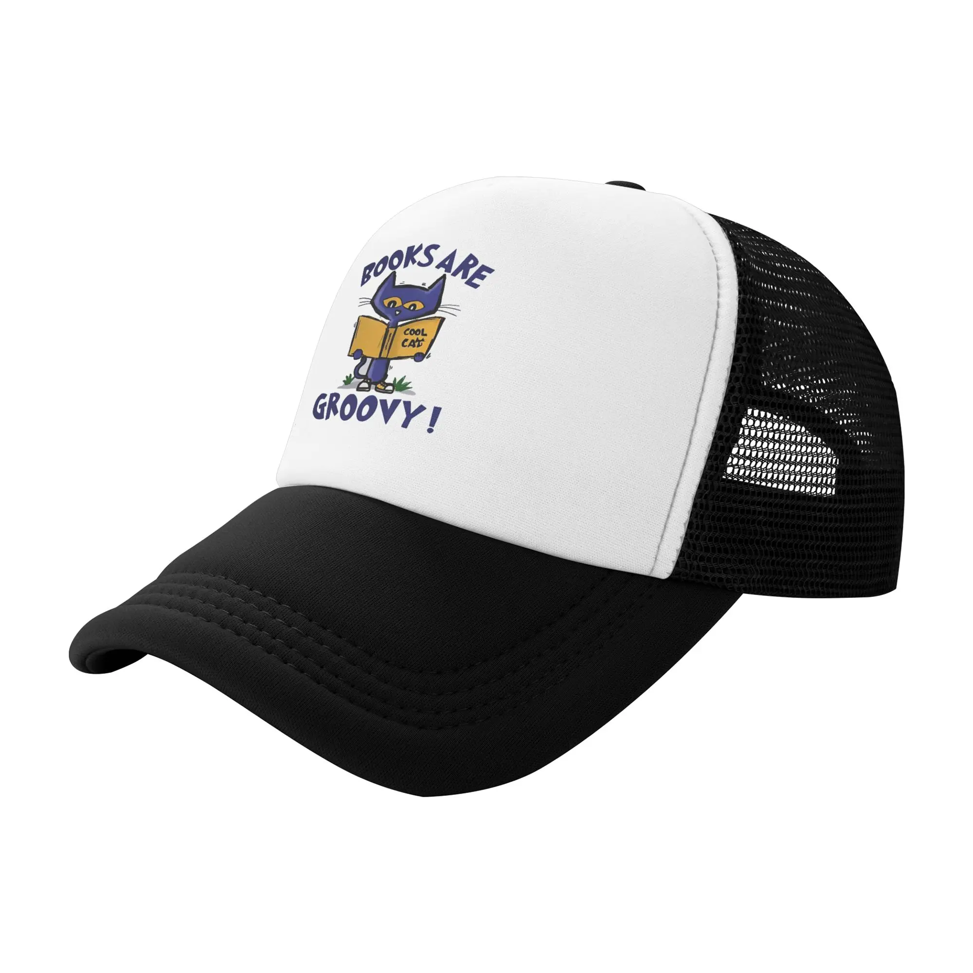 Petes the cat   Books Are Groovy Trucker Hat Unisex Cute Kitten Cap  Trucker Hat Adjustable Snapback Caps Mesh Baseball Cap