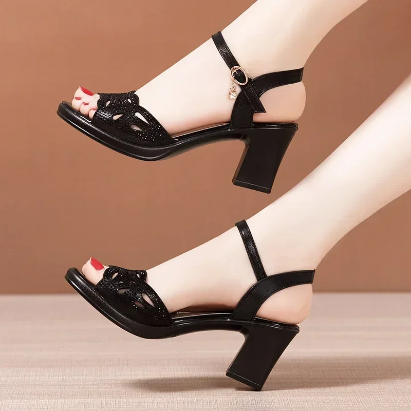 5cm Small Size 32-43 Fashion Comfortable Black Rhinestone Soft Leather Shoes Summer 2025 Med Block Heels Sandals for Office Mom