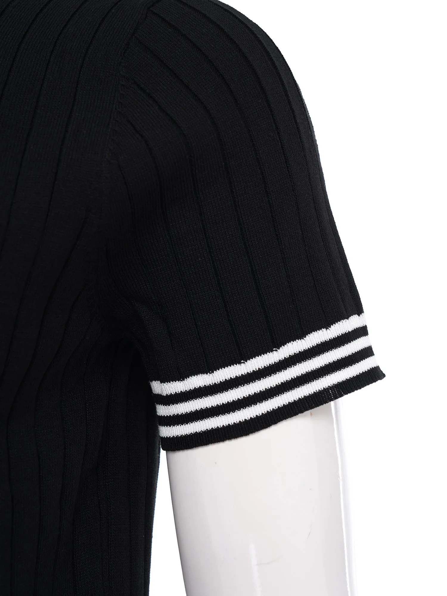 Men Ribbed Knit T-shirt Lapel Short Sleeves Stripes Trim at Collar and Cuffs Button Placket Stretchy Tee Office Business Top