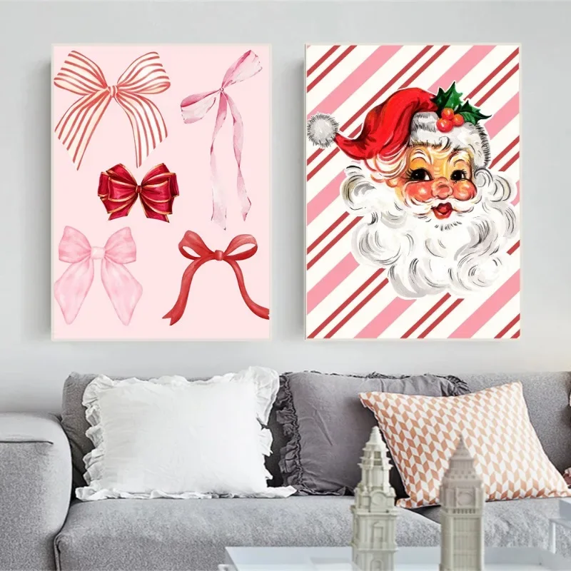 Modern Pink Christmas Poster Pastel Celebrate Christmas Santa Claus Canvas Painting Wall Art Living Room Home Decor Mural
