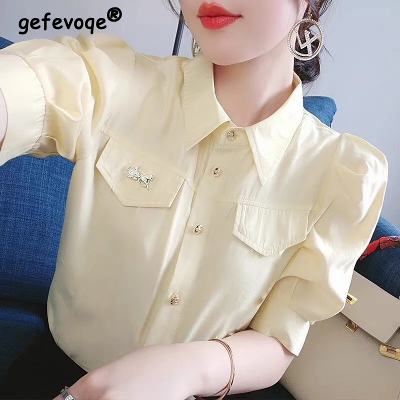 Women's Korean Fashion Elegant Button Up Shirt Office Lady Lapel Solid Commute Blouse Casual Loose Chiffon Tops Summer Camisas