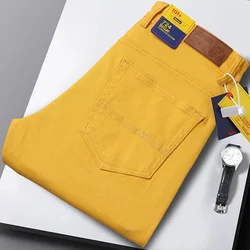 Pantalones vaqueros elásticos rectos para hombre, Pantalón de algodón de estilo clásico informal, color amarillo, primavera y verano, 2023