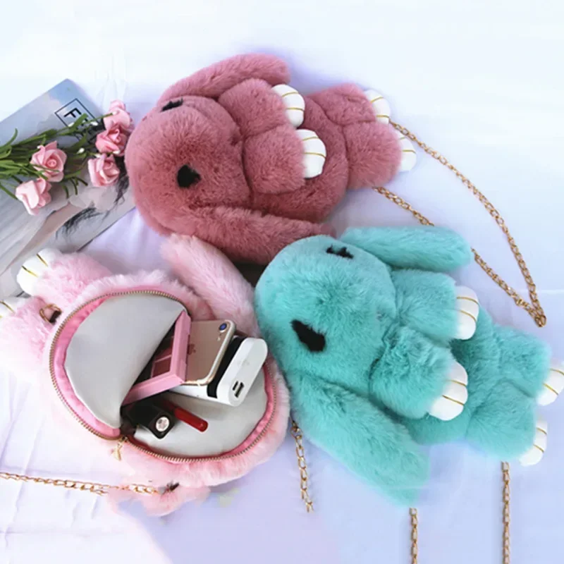 Cute Fluffy Rabbit Fur Pompoms Chain Bag Women Cartoon Rabbit Sling Bag Fluffy Bunny Shoulder Plush Backpack Girl Birthday Gifts