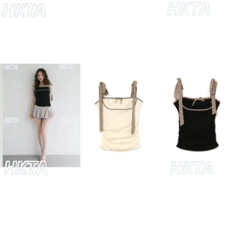 

Japanese Style Checked Contrasting Splicing Bow Stretching Sling Vest for Women Summer Slim Hot Girls Beige Tank Tops for Ladies